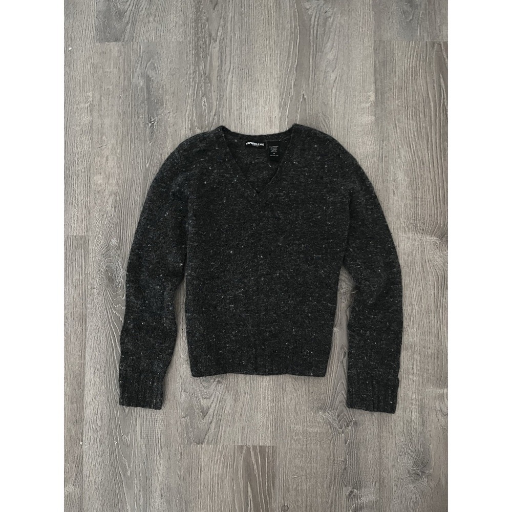 EXPRESS JEANS M V-Neck Sweater Lambswool Stretch Charcoal Grey Crop Knit